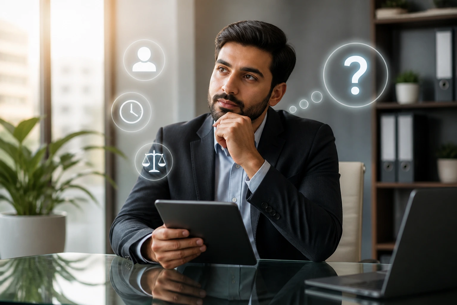 Real person considering questions before signing an engagement letter in a meeting room