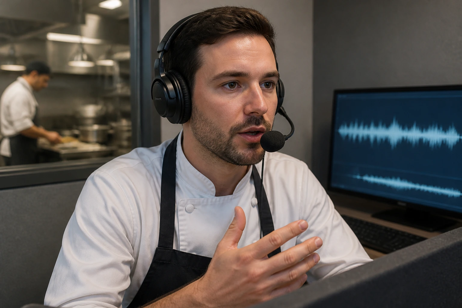 Chef wearing headset in assessment room with waveforms shown on a monitor