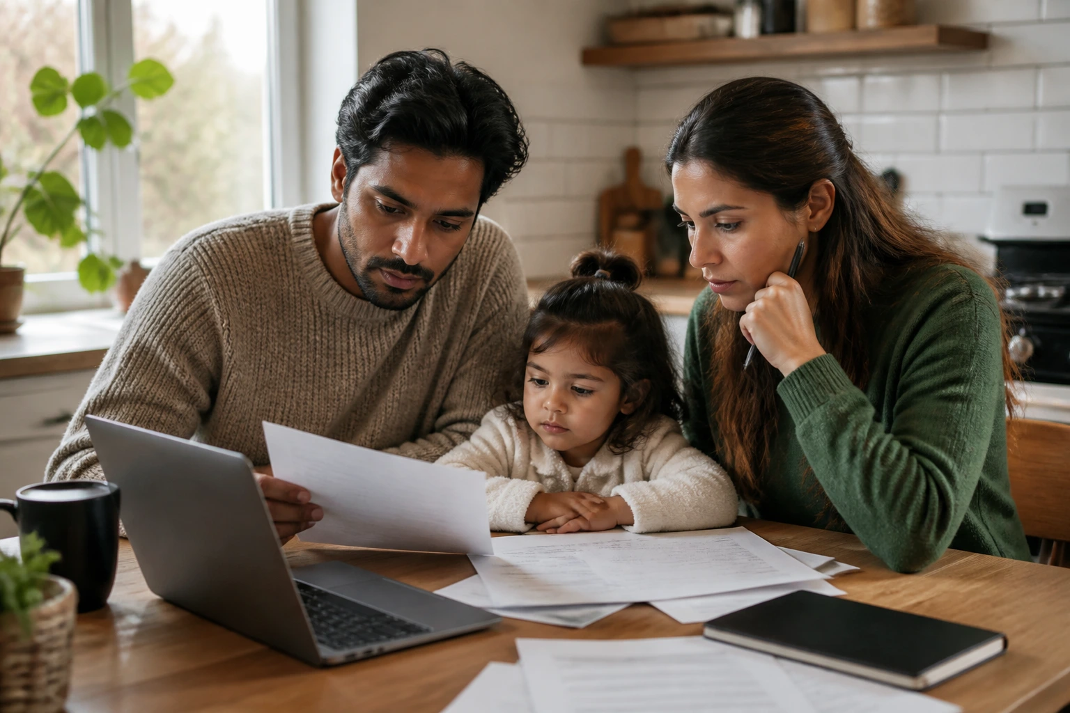 Family planning relocation scene in a home kitchen, parents and child around table.