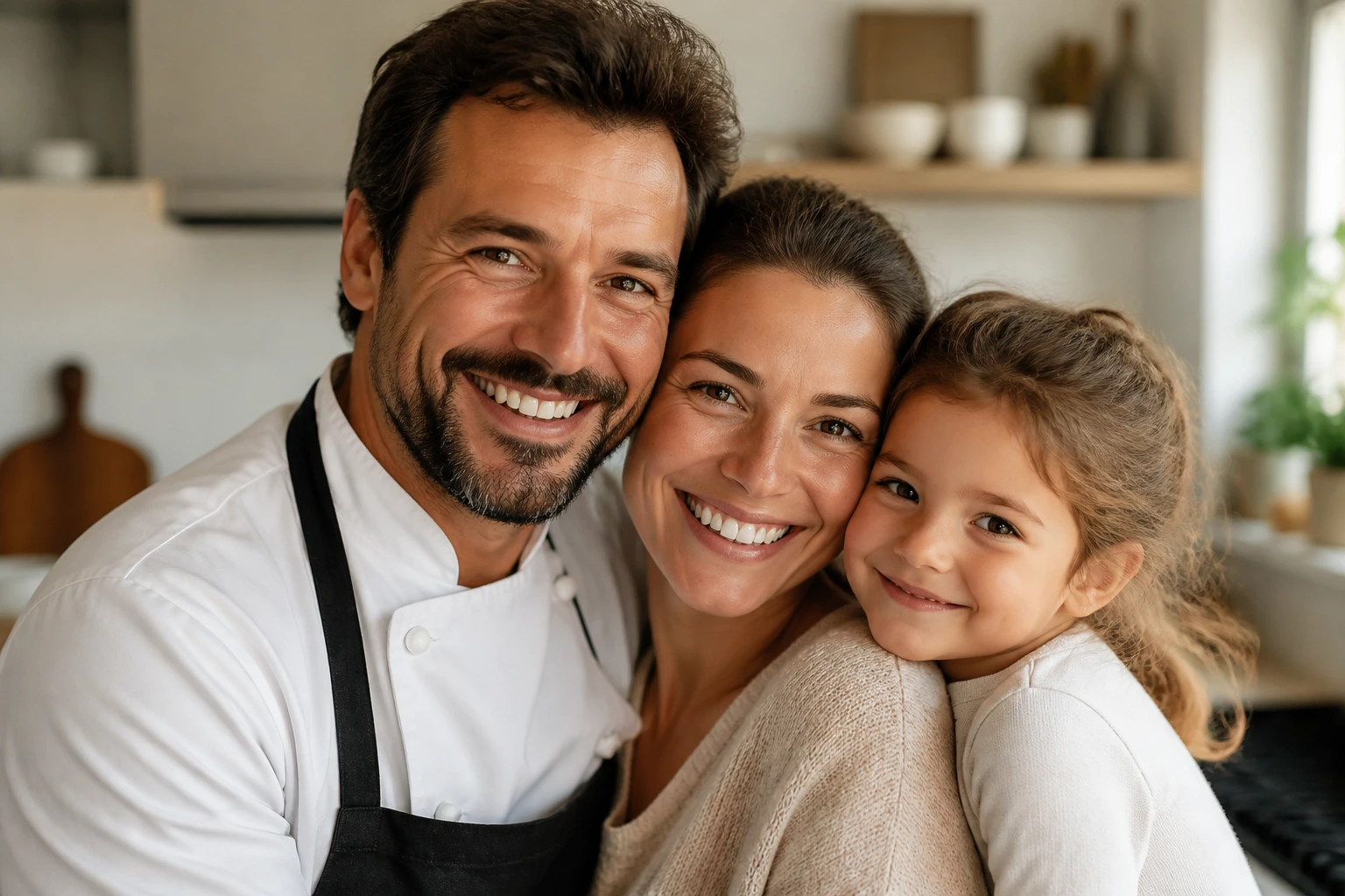 Chef with partner and child in home kitchen showing family sponsorship