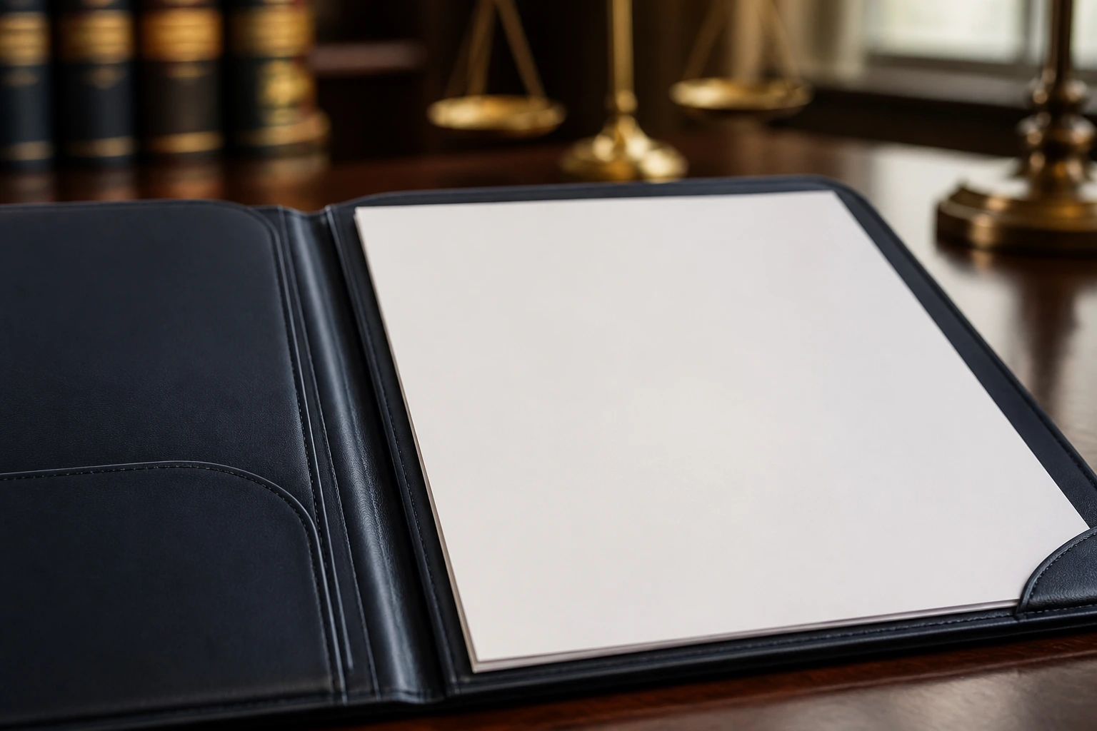 Open contract folder with blank pages on a desk