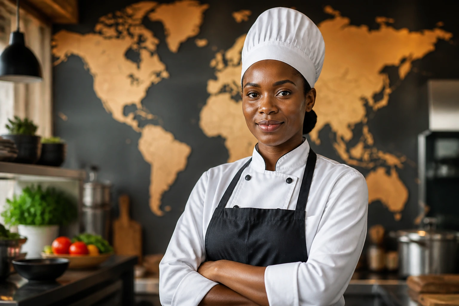 Chef in kitchen with global map backdrop suggesting sponsorship opportunities