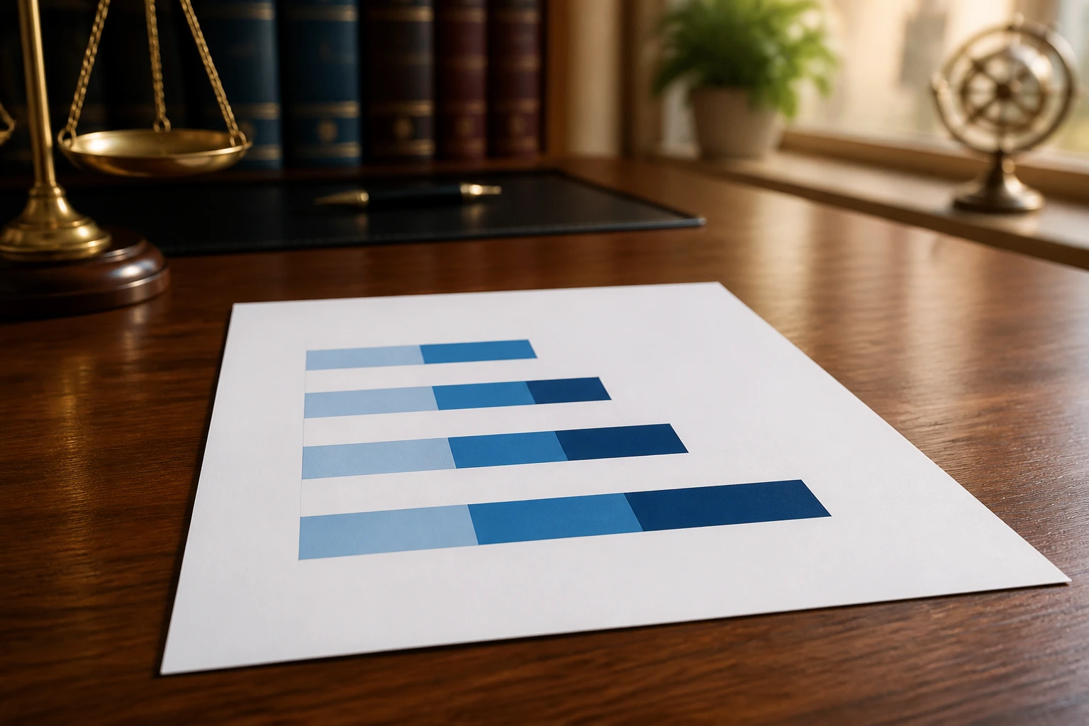 Abstract bar-chart suggesting fixed-fee ranges for case types on a law desk