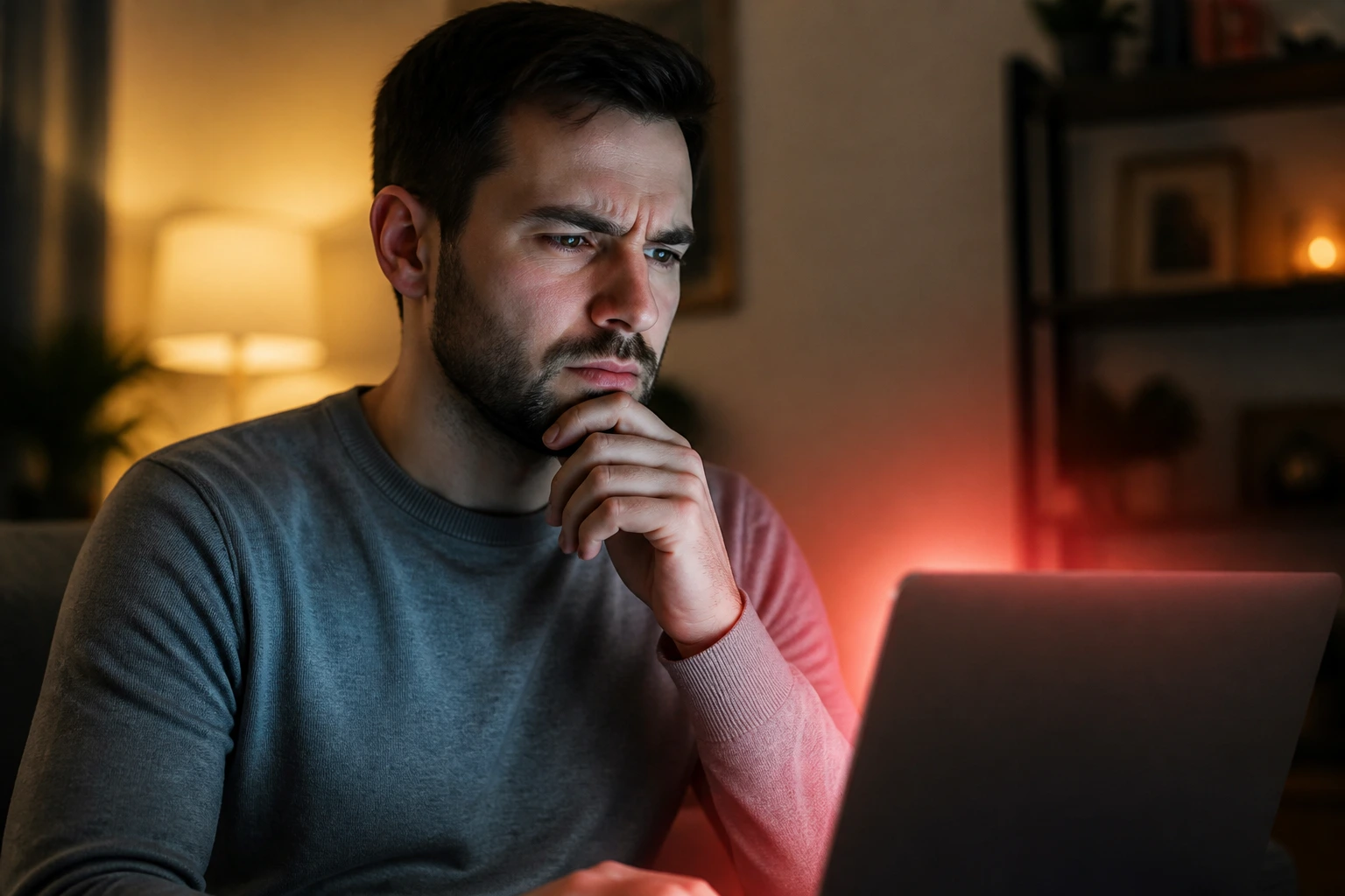 Person in a living room examining a laptop with a suspicious offer, signaling caution about scams