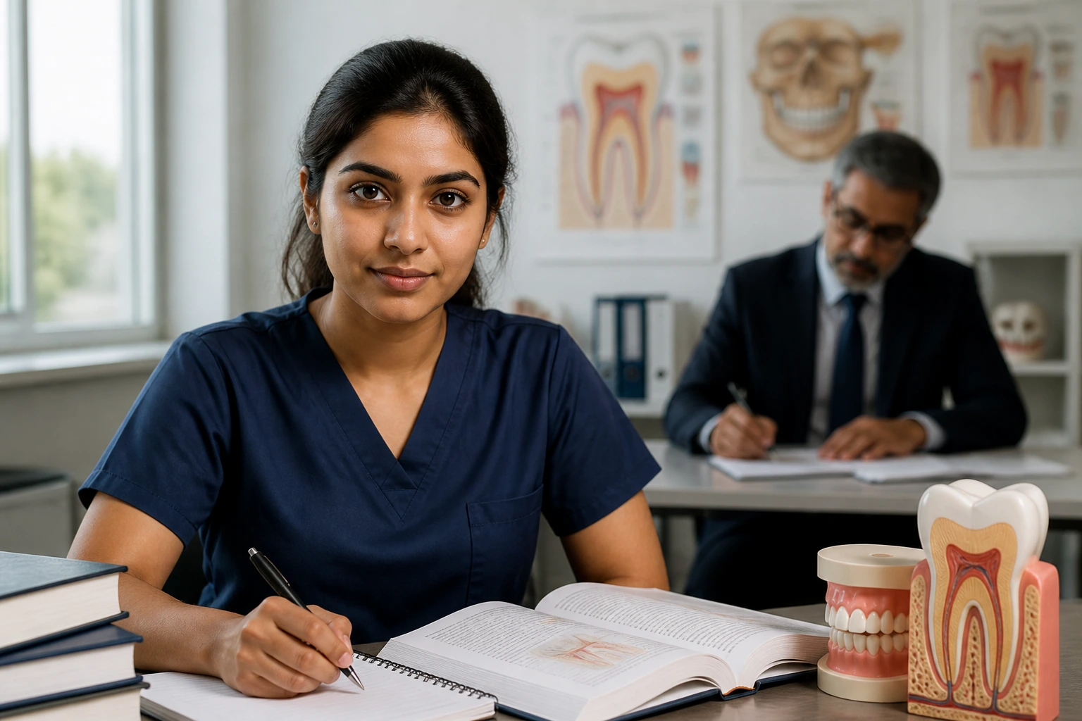 Dentist in clinic preparing for GDC registration with mentor in background.
