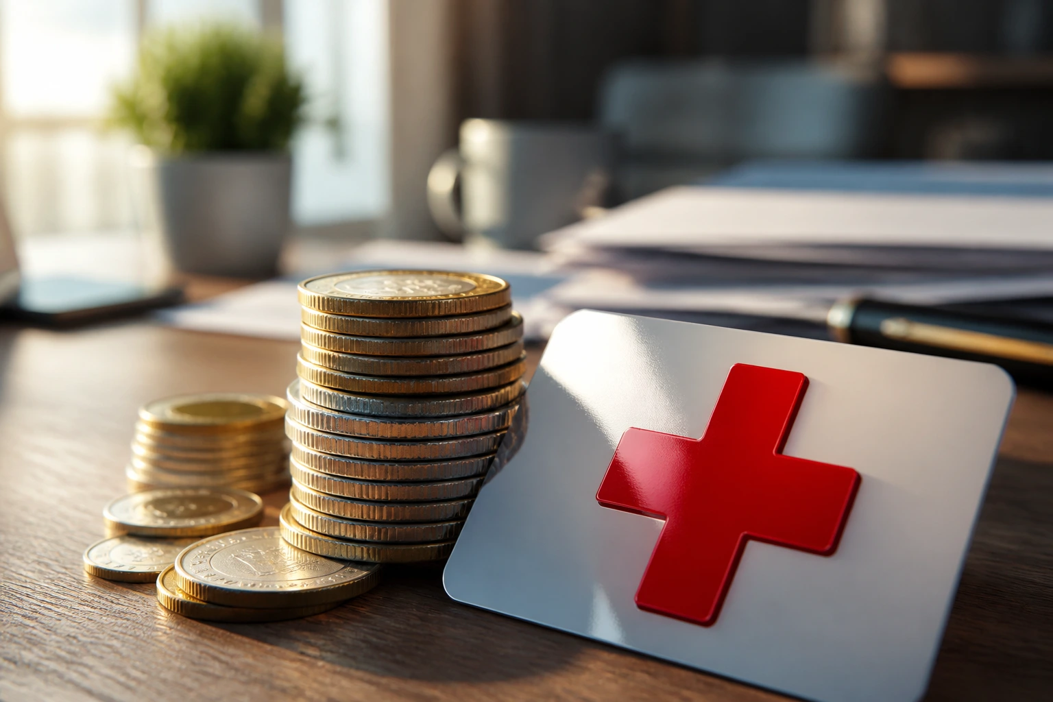 Close-up of coins and medical symbol representing Immigration Health Surcharge as the main UK visa cost