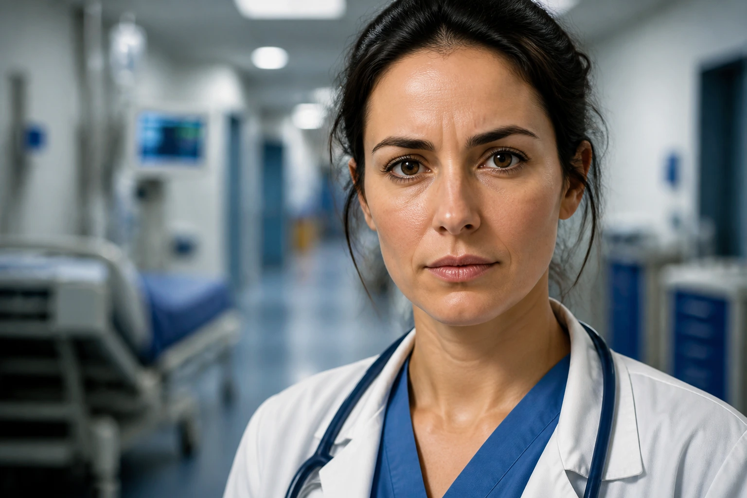 Portrait of a healthcare professional in a hospital corridor showing high pay and regulatory barriers
