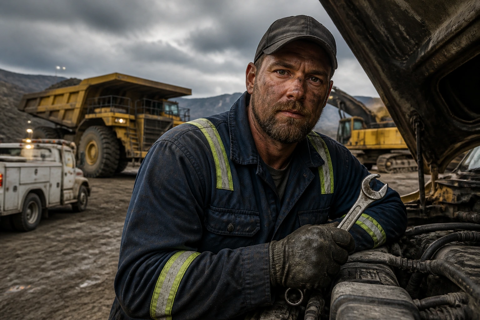 Heavy-duty mechanic in an outdoor industrial yard