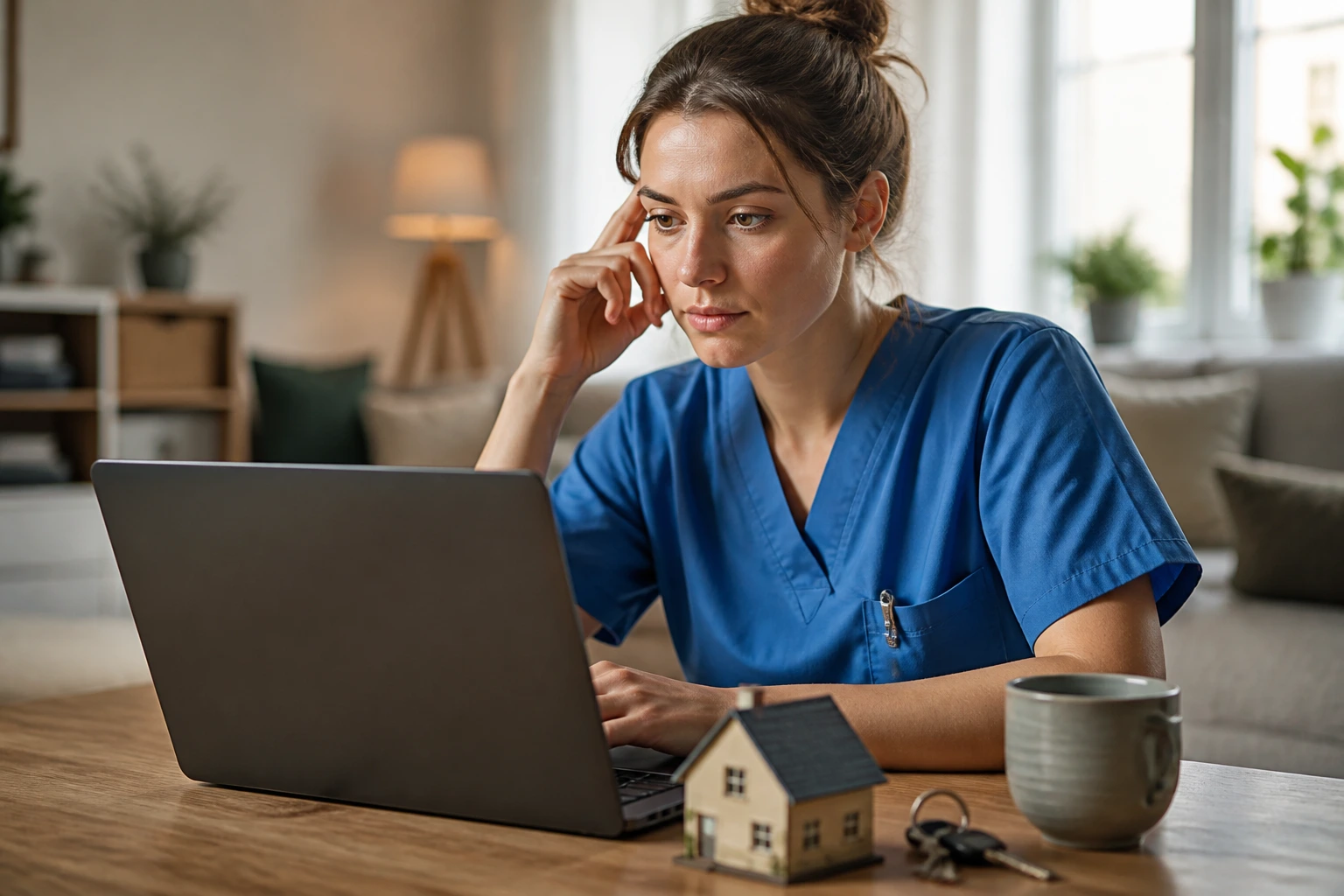 Nurse evaluating housing options in a cozy living room