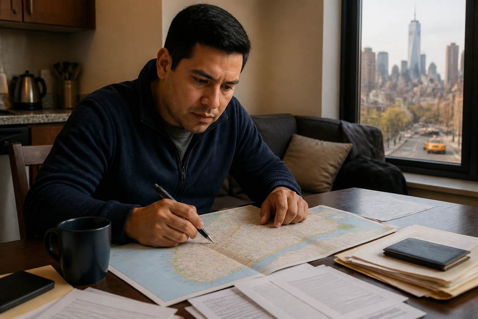Immigrant taxi driver at home planning relocation with city map