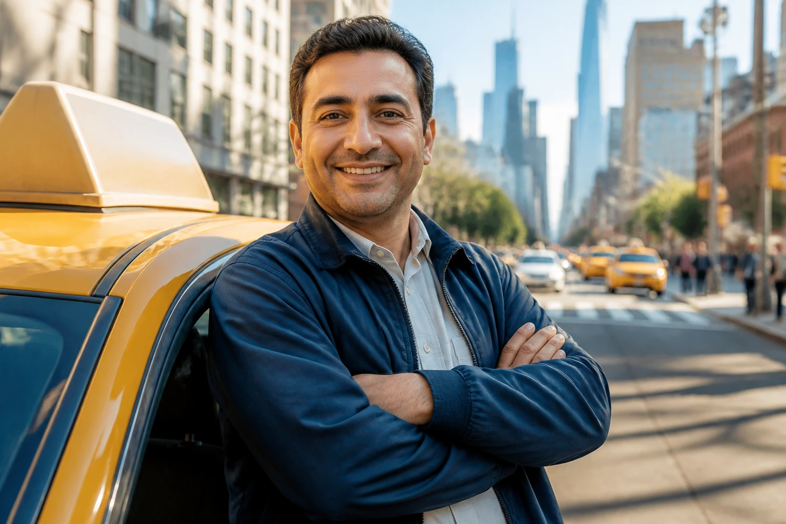 Immigrant taxi driver with taxi on busy city street