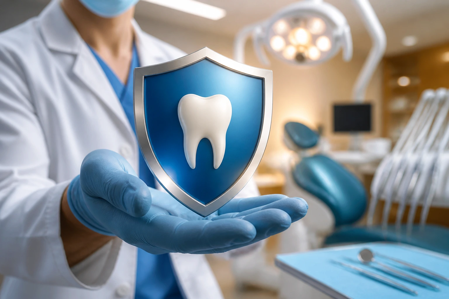 Dentist's gloved hand holding shield icon symbolizing professional indemnity in a clinic