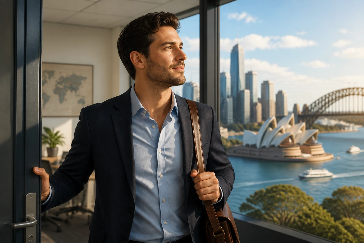 Professional at doorway with city view symbolizing moving to Australia without local experience