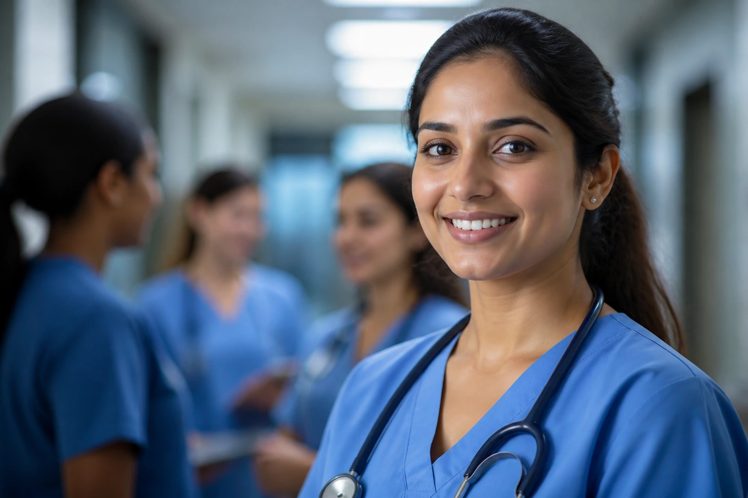 Close-up portrait of a real nurse in scrubs in a hospital corridor