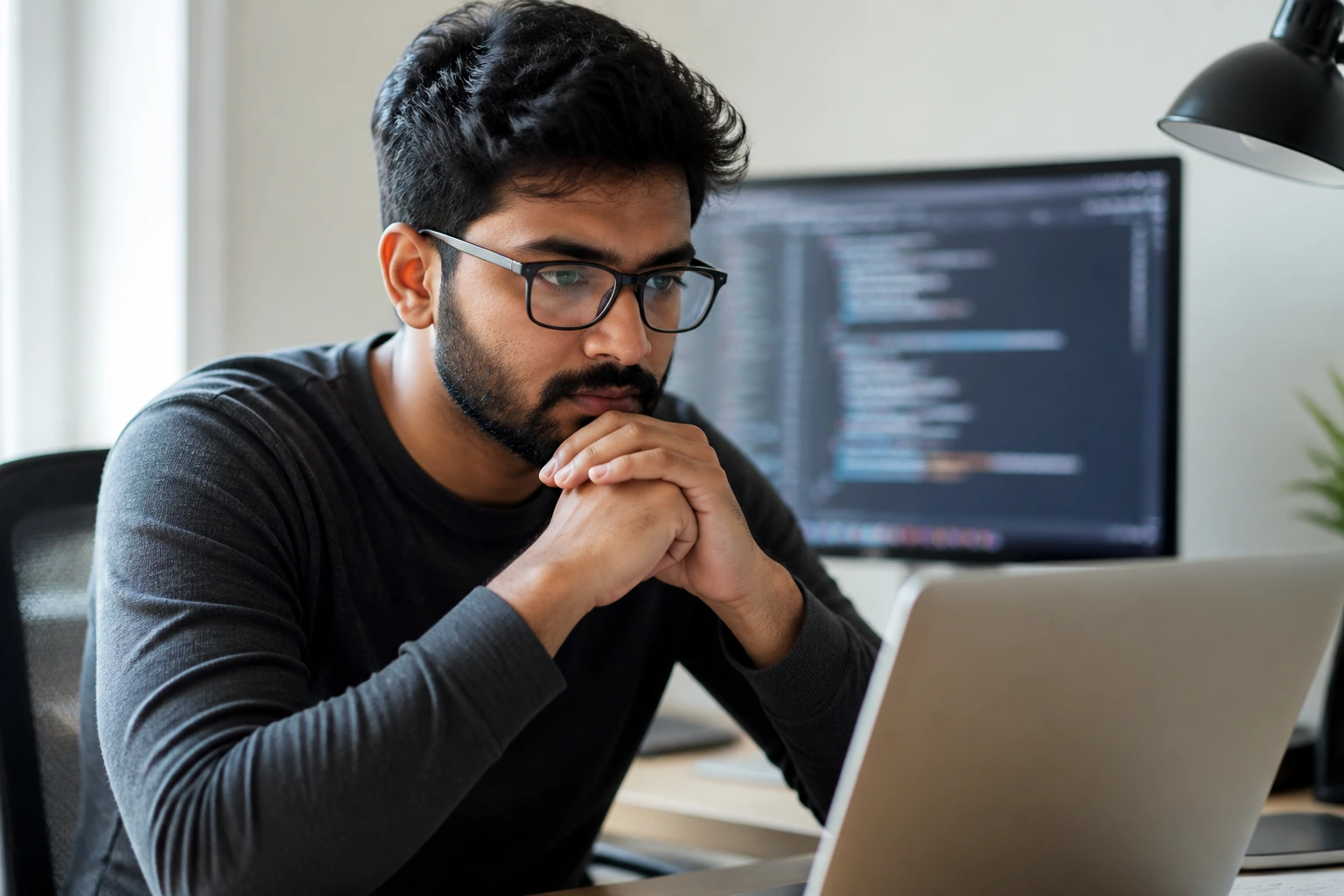 Close-up portrait of a software developer preparing for an interview