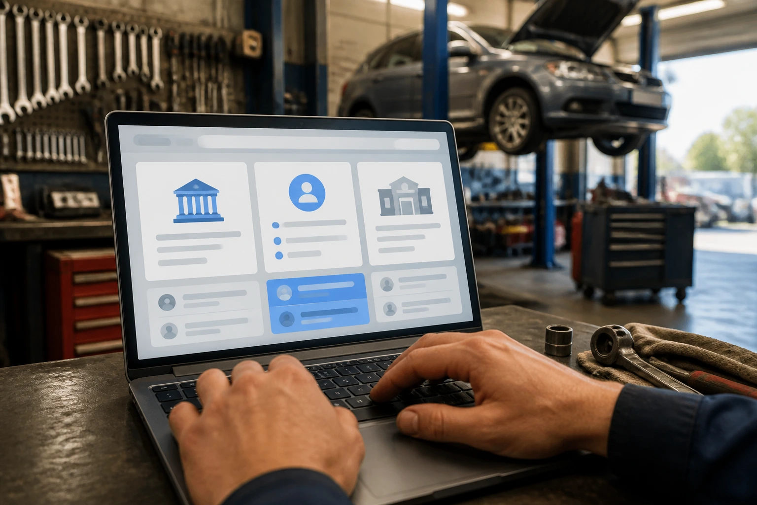 Hands typing on laptop in a garage with abstract UI icons on screen