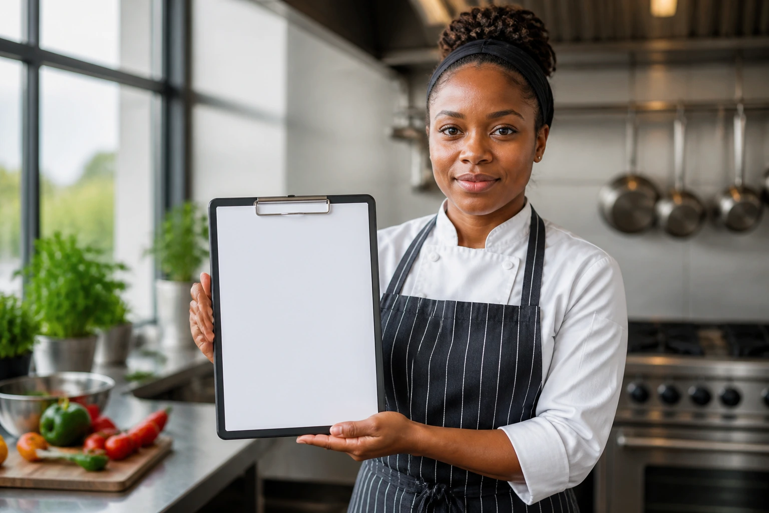 Chef in bright kitchen with blank clipboard/tablet screen illustrating interview prep