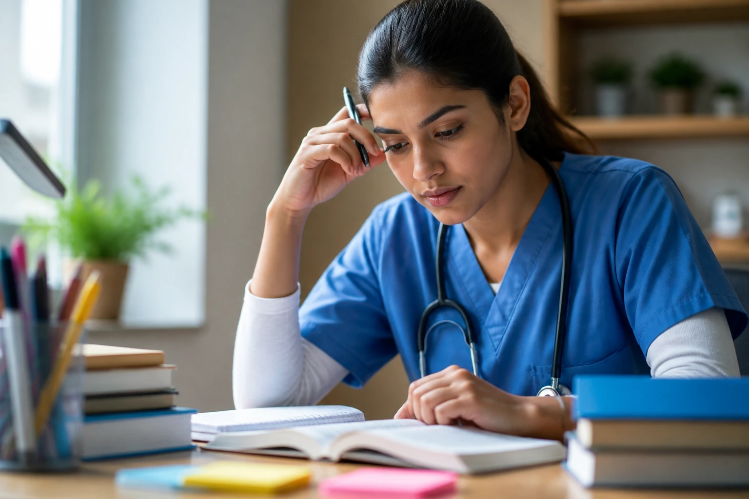 Close-up of a nurse studying with language-learning materials in a quiet room