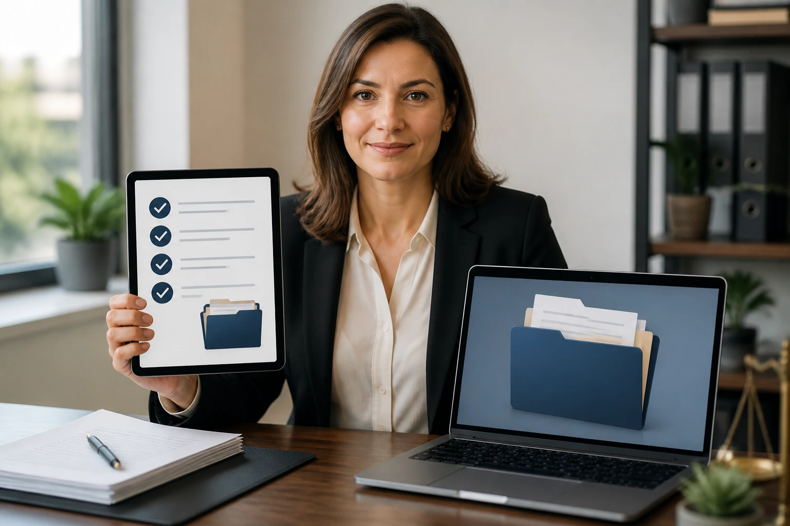 Portrait of a professional in an office showing organized digital folder and non-text checklist to minimize legal fees