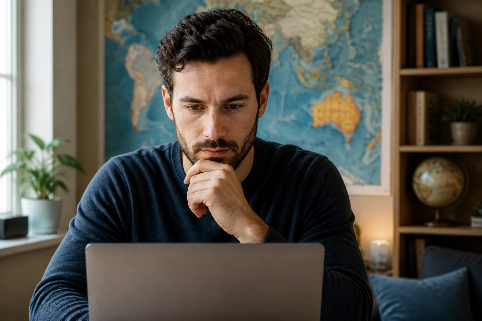 Close-up of candidate focusing at laptop with map background