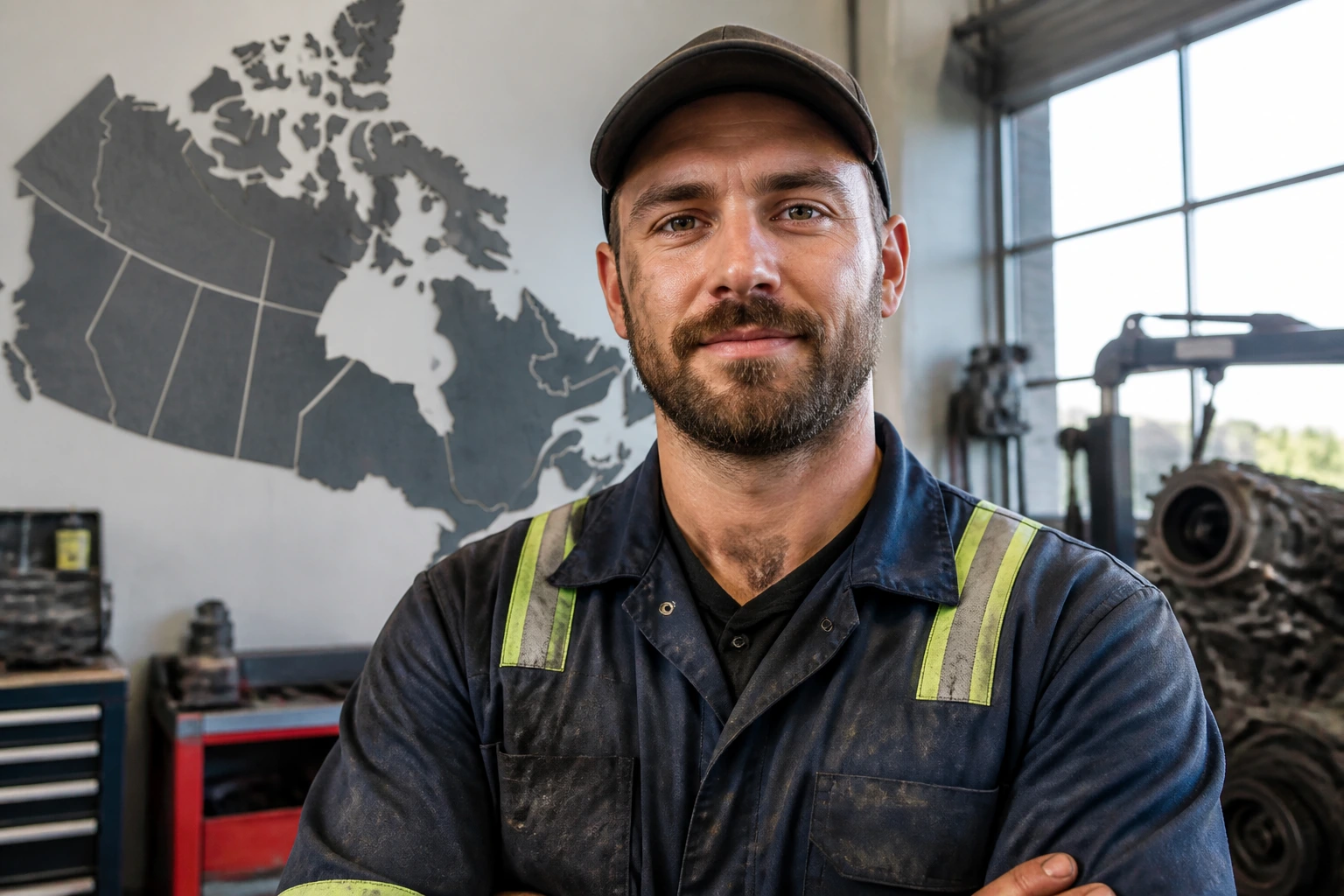 Mechanic in a Canadian workshop with map background illustrating provincial earnings