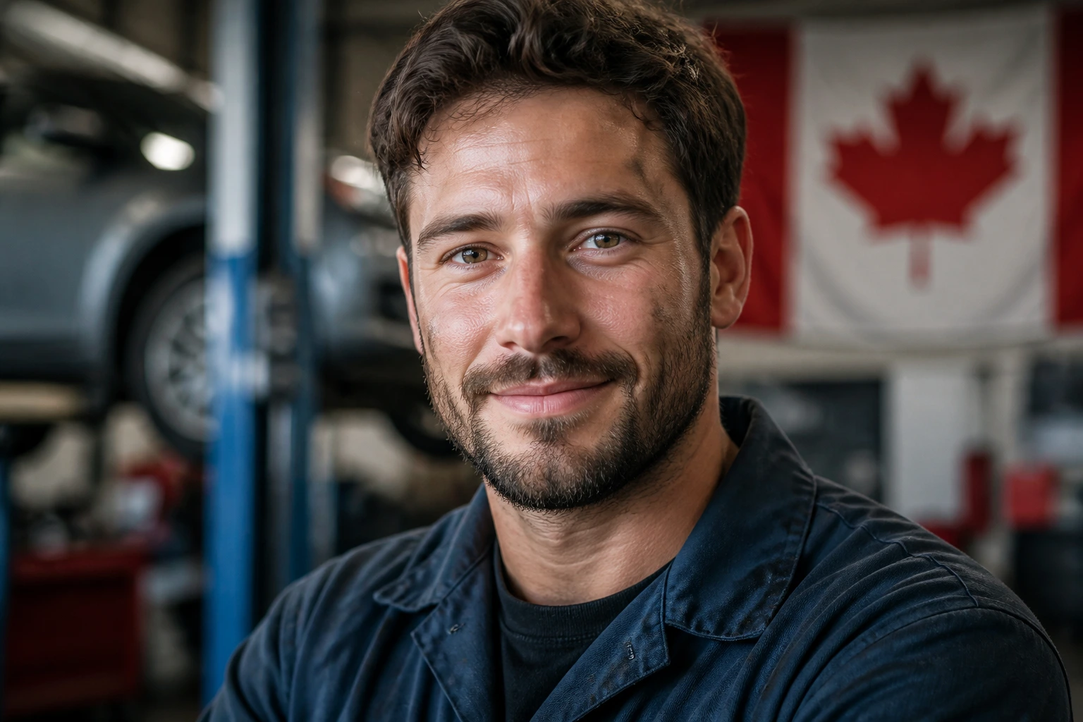 Mechanic portrait with Canadian flag backdrop symbolizing permanent residency pathway