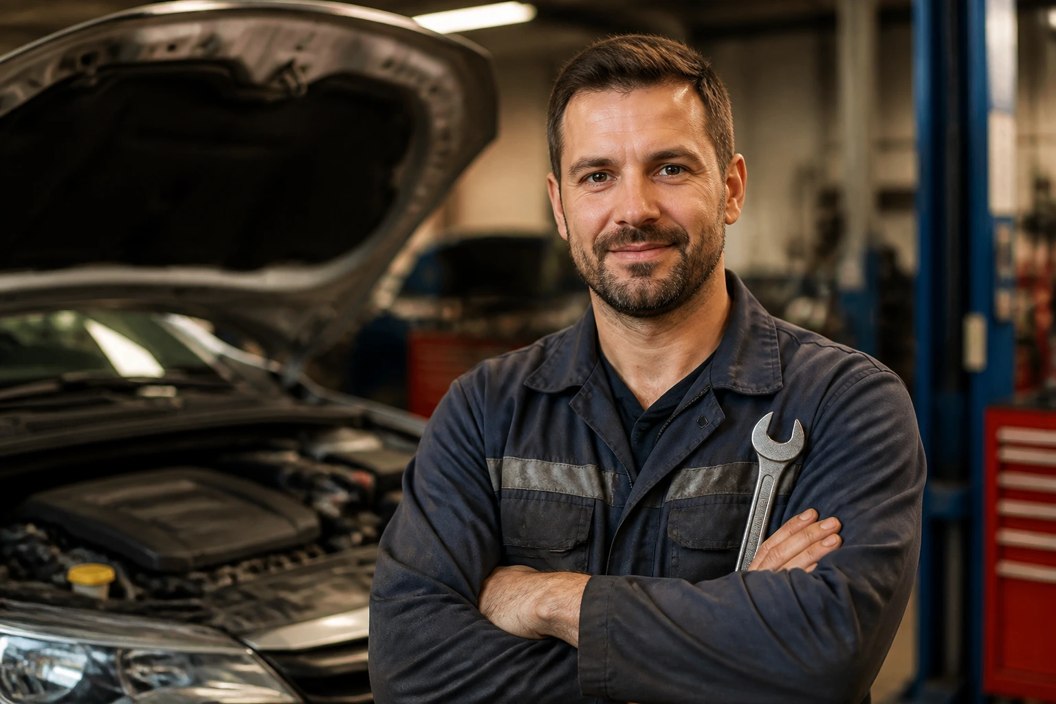 Journeyman mechanic portrait in a busy shop