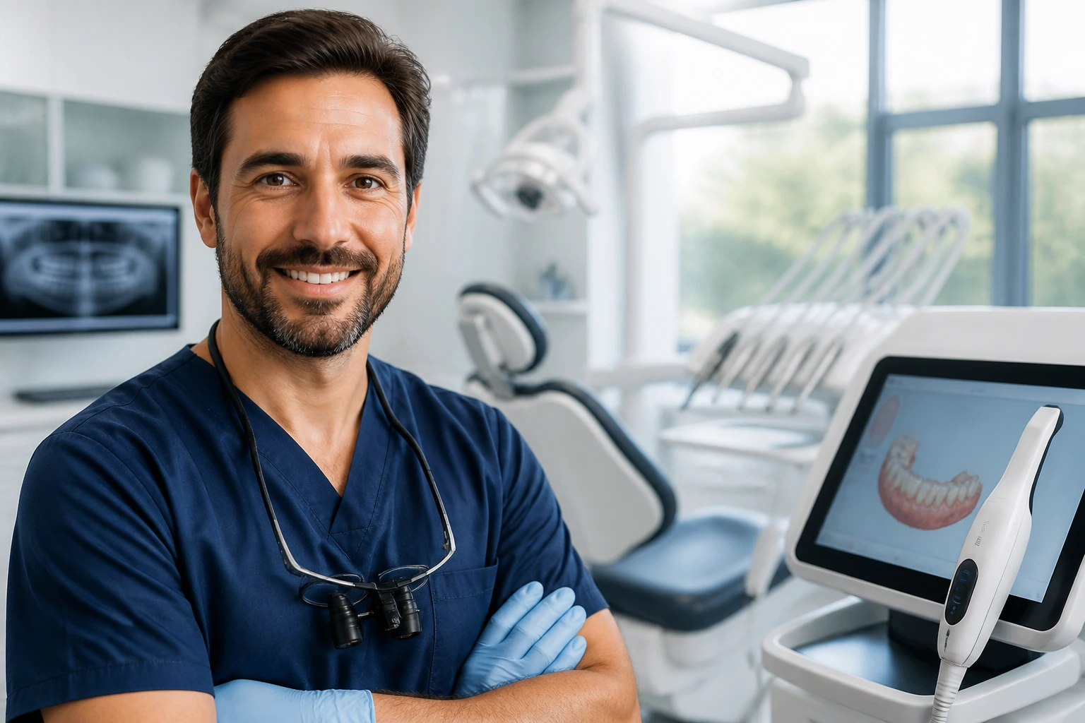 Dentist in a high-tech clinic evaluating environment and patient demographics.