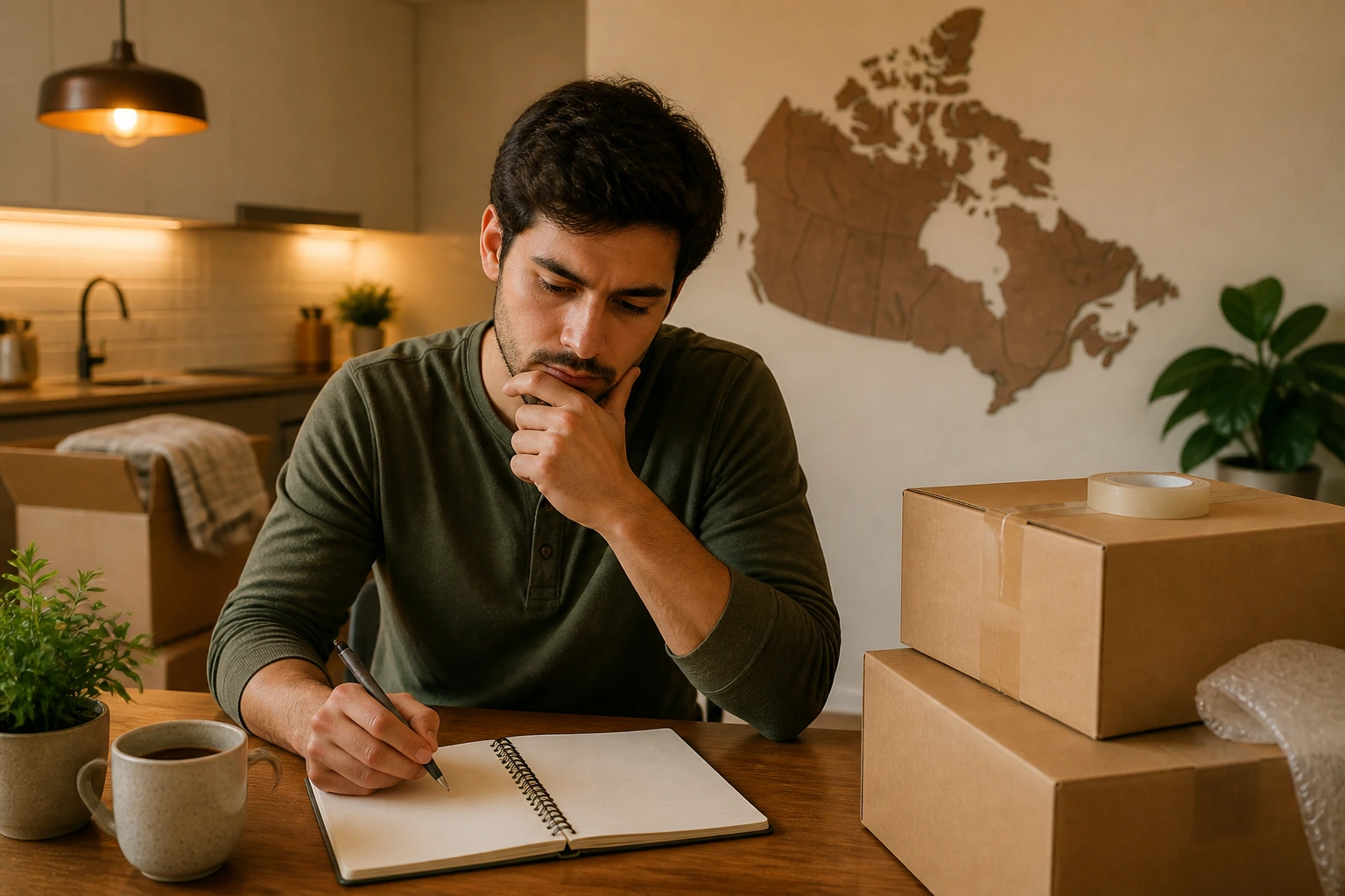 Person budgeting relocation at home with a map silhouette of Canada