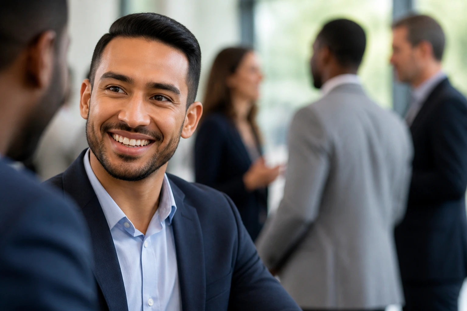 Professional at a conference networking with attendees blurred in background