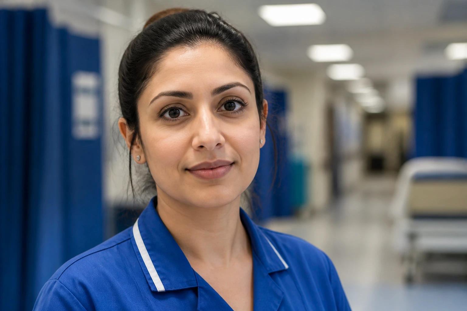Portrait of a nurse in NHS environment illustrating cultural adjustments and teamwork