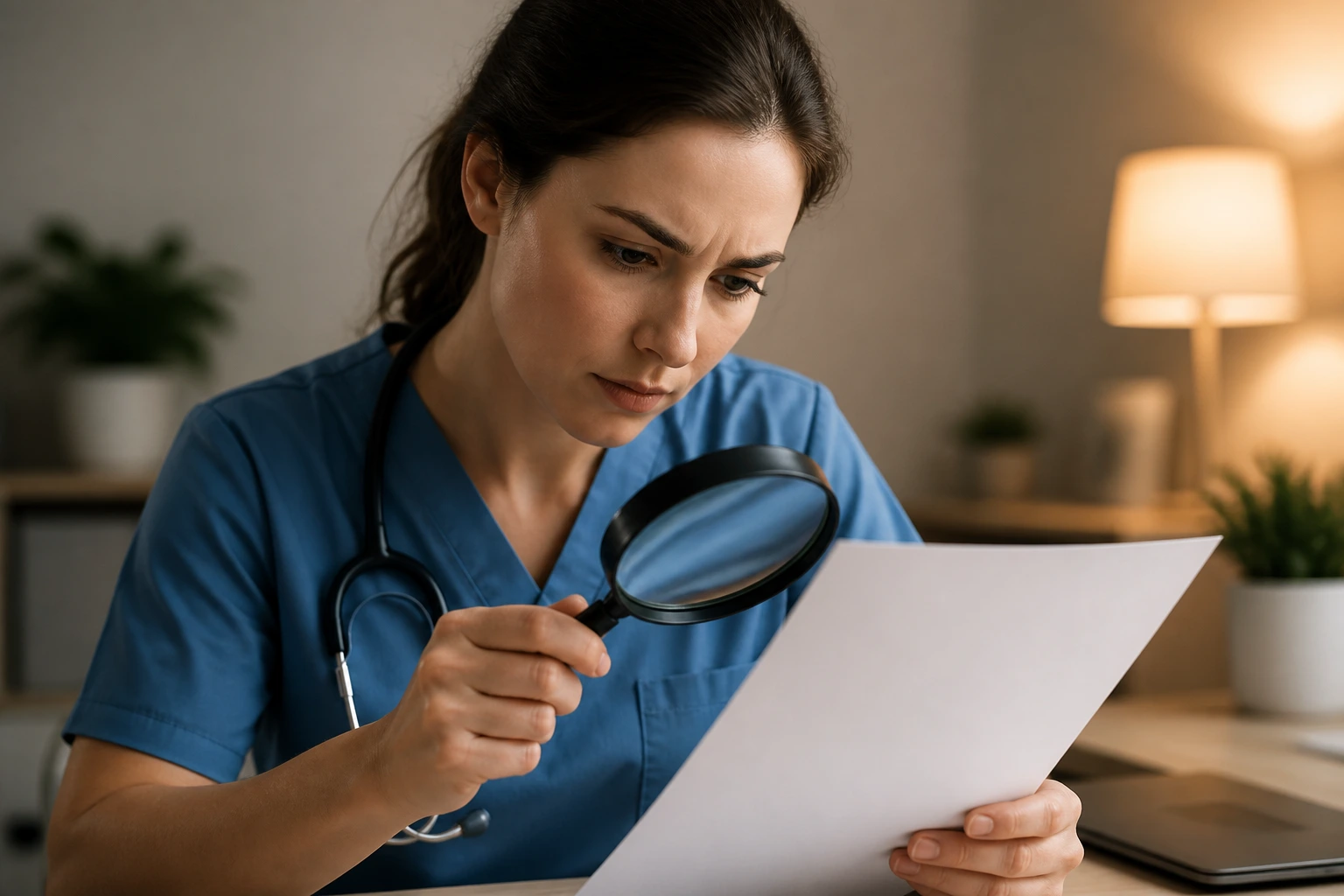 Nurse scrutinizing documents with magnifying glass to avoid recruitment scams