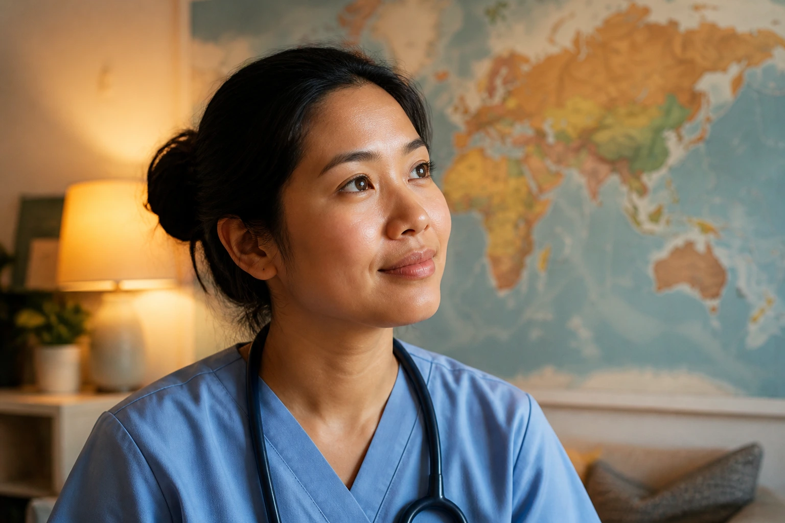 Nurse at home contemplating long-term residency in the UK with a map in the background