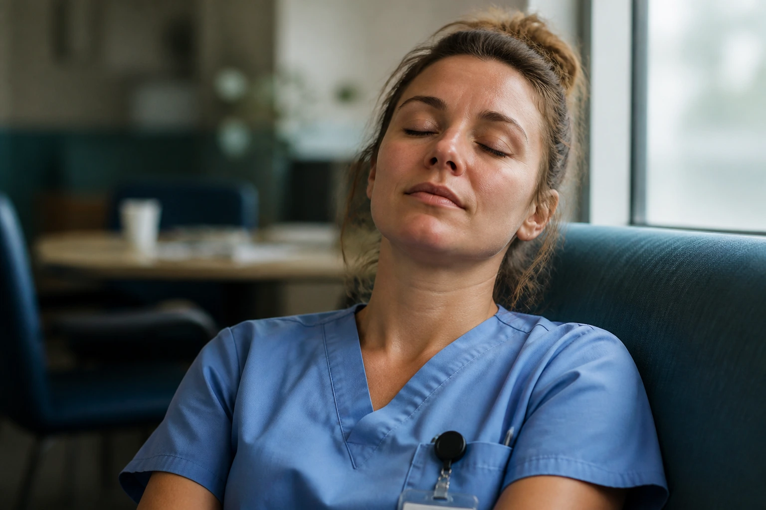 Nurse taking a break in a hospital break room illustrating shift work and wellbeing