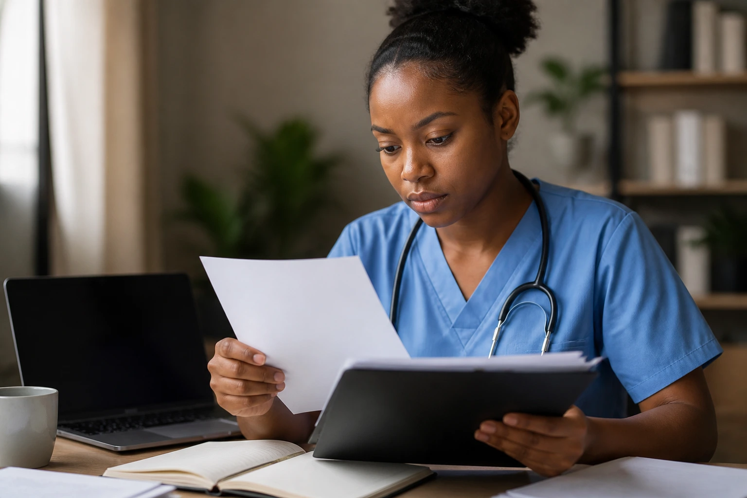 Nurse candidate reviewing blank documents at a desk in a study space