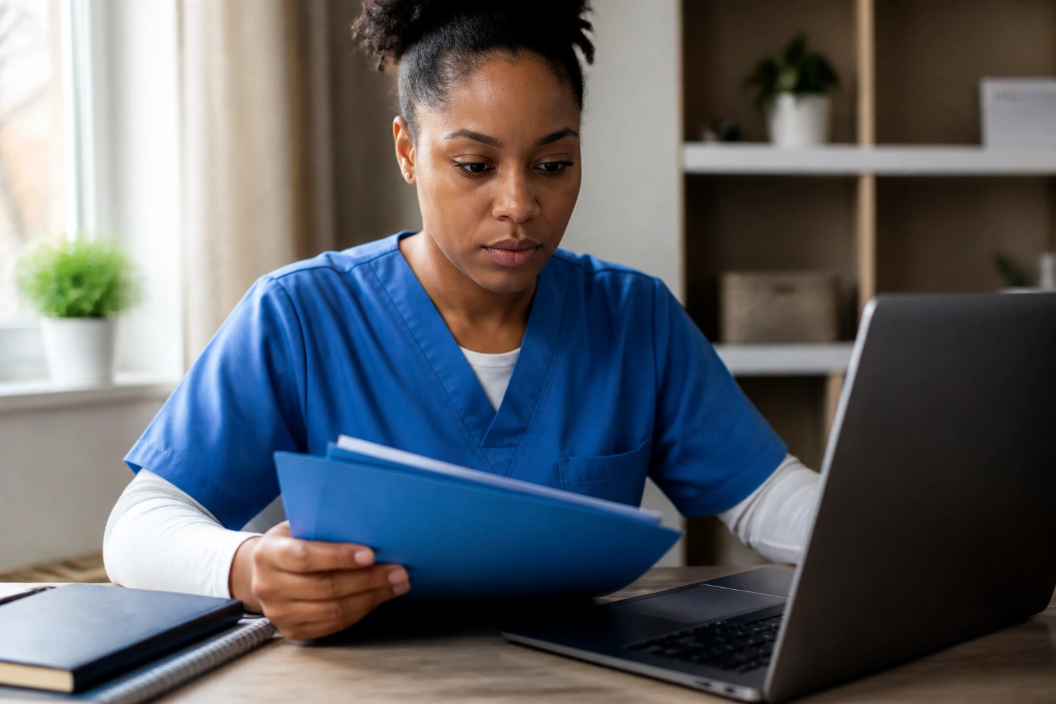 Portrait of a nurse applicant at a desk preparing for a sponsored NHS post, laptop screen off