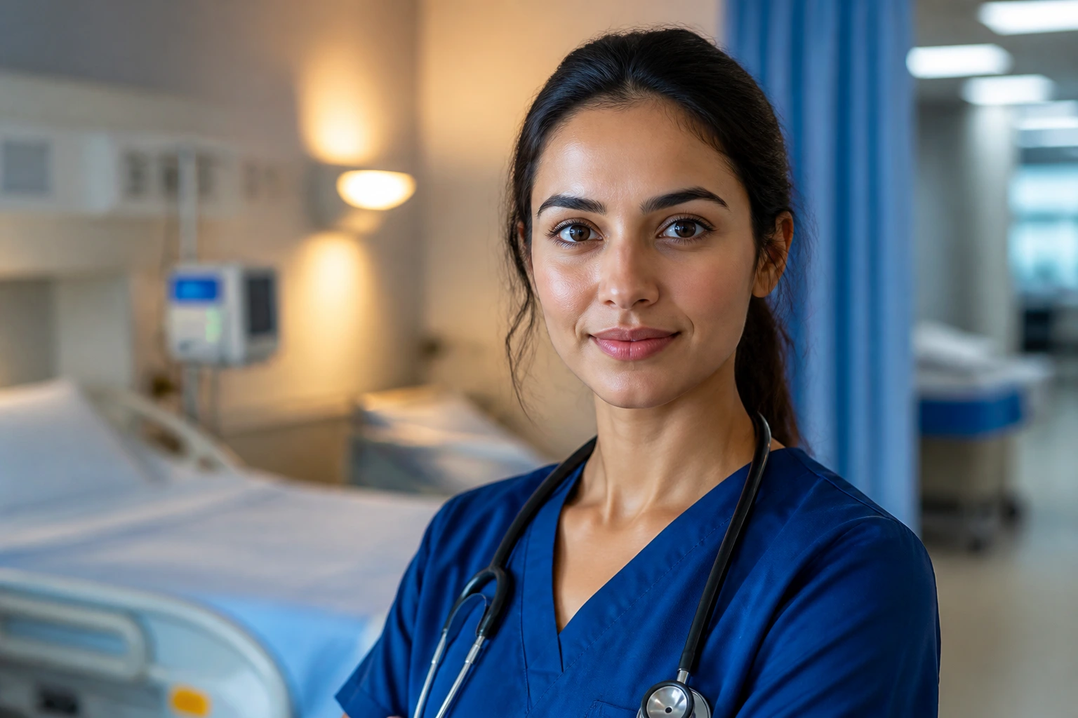 Portrait of a nurse in scrubs with a confident expression in a hospital ward