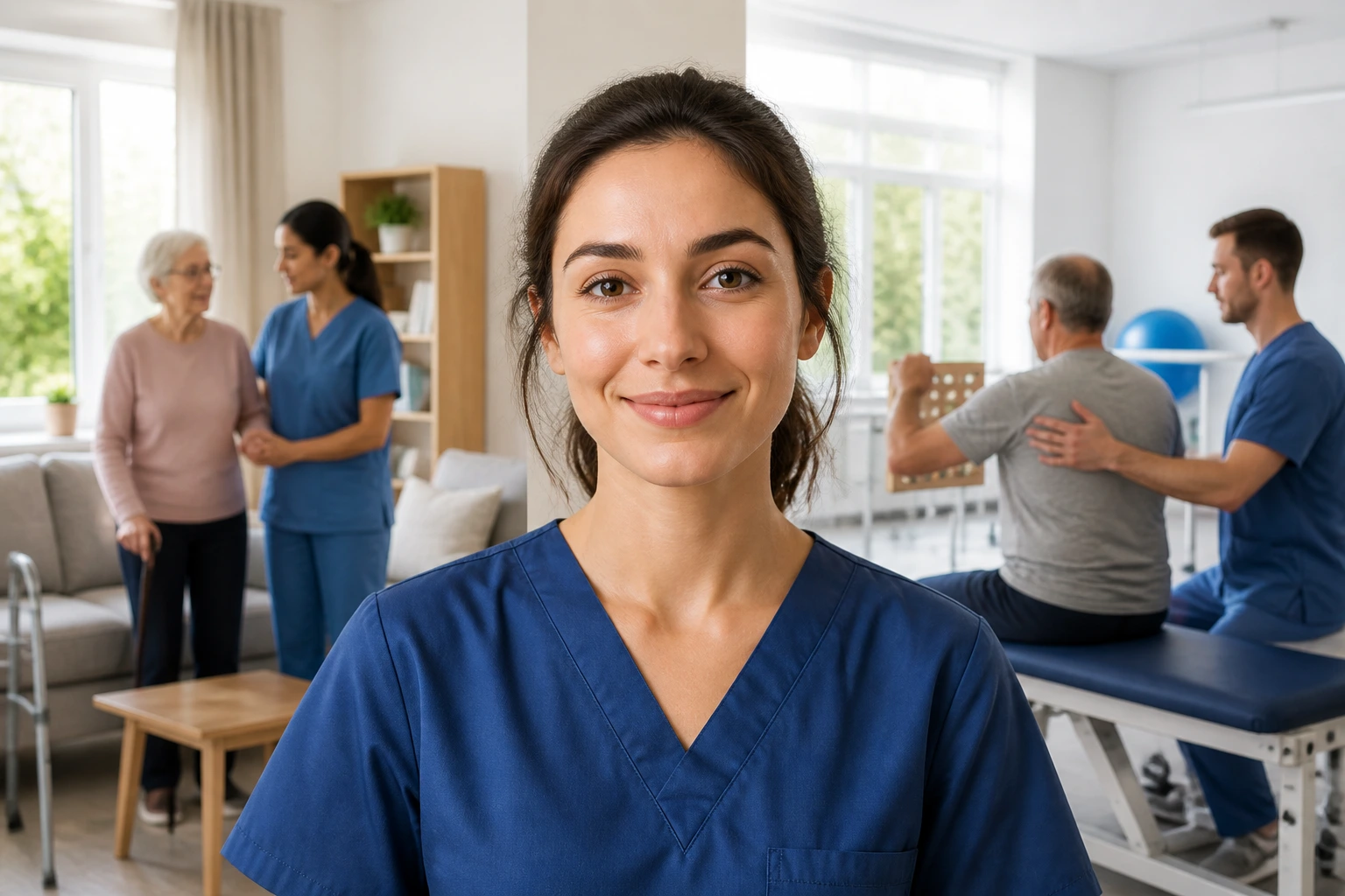 OT in clinical setting with split-background hinting at home care and neuro rehab specialties.