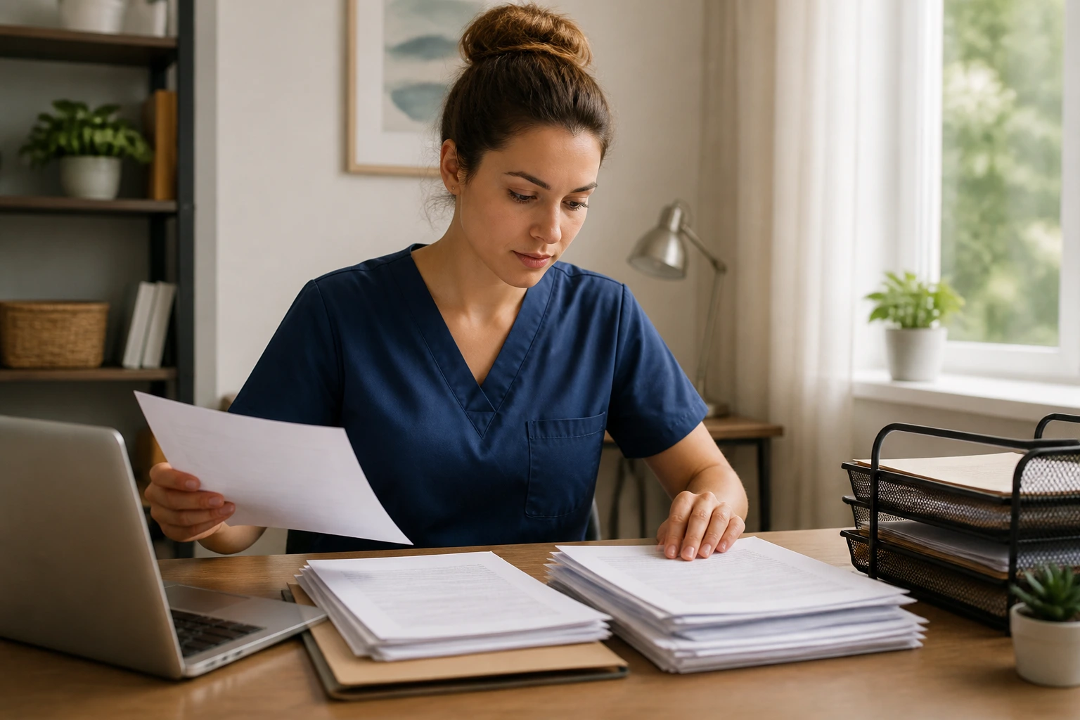 Real occupational therapist organizing documents in a home office for a sponsorship application