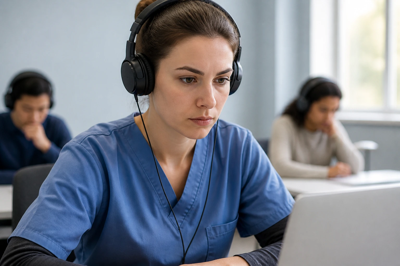 OT wearing headphones taking a language proficiency test in a quiet room.
