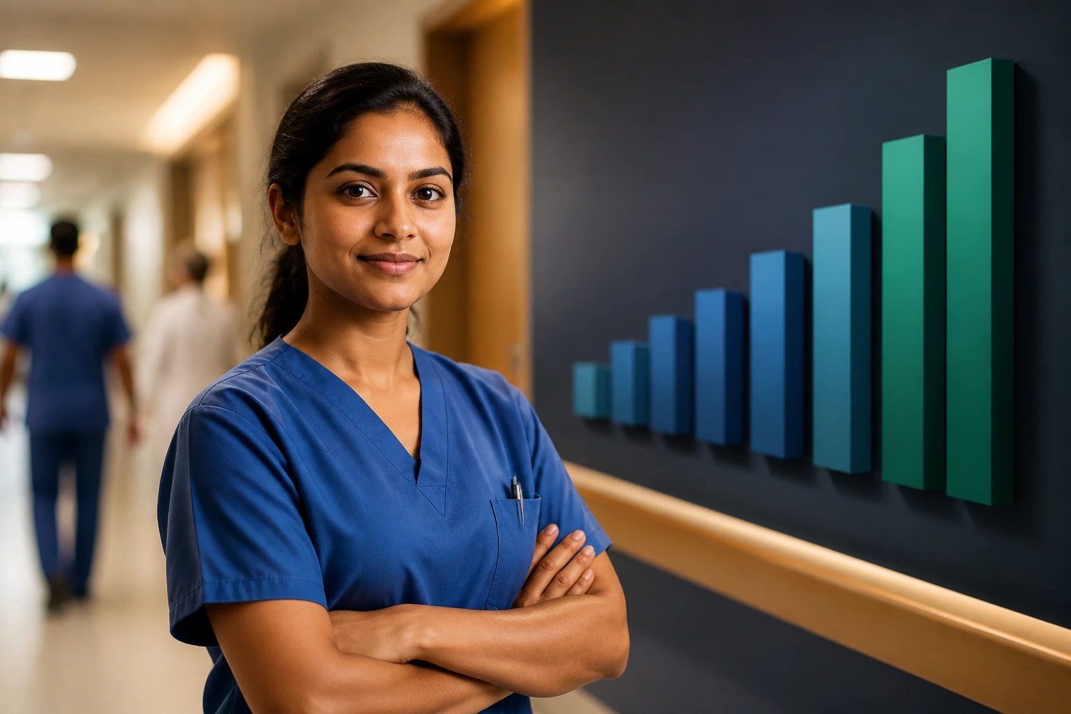 OT in NHS corridor with abstract rising bars suggesting pay scales.