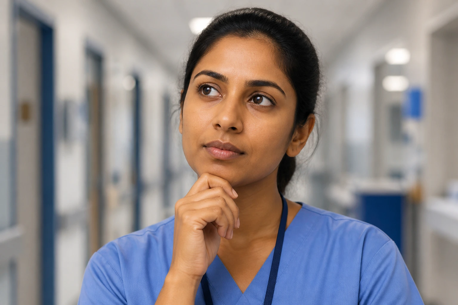 Portrait of a thoughtful occupational therapist considering sponsorship pros and cons in a clinical setting