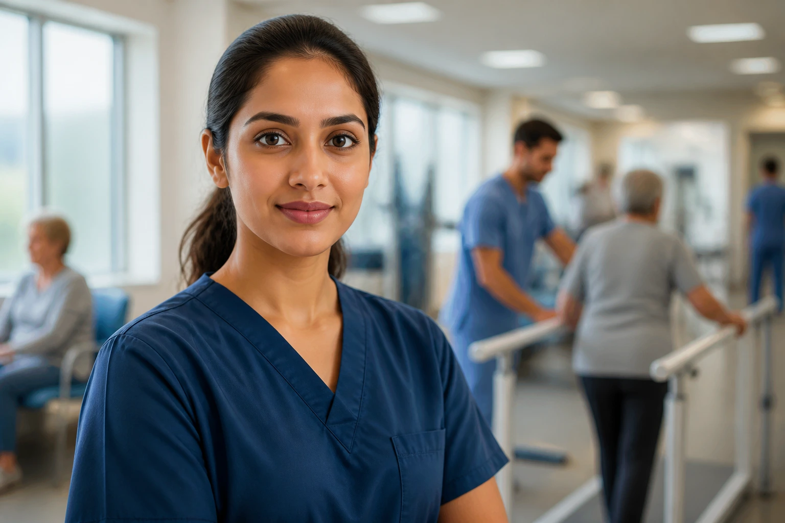 Close-up of an overseas occupational therapist in NHS scrubs in a busy hospital corridor.