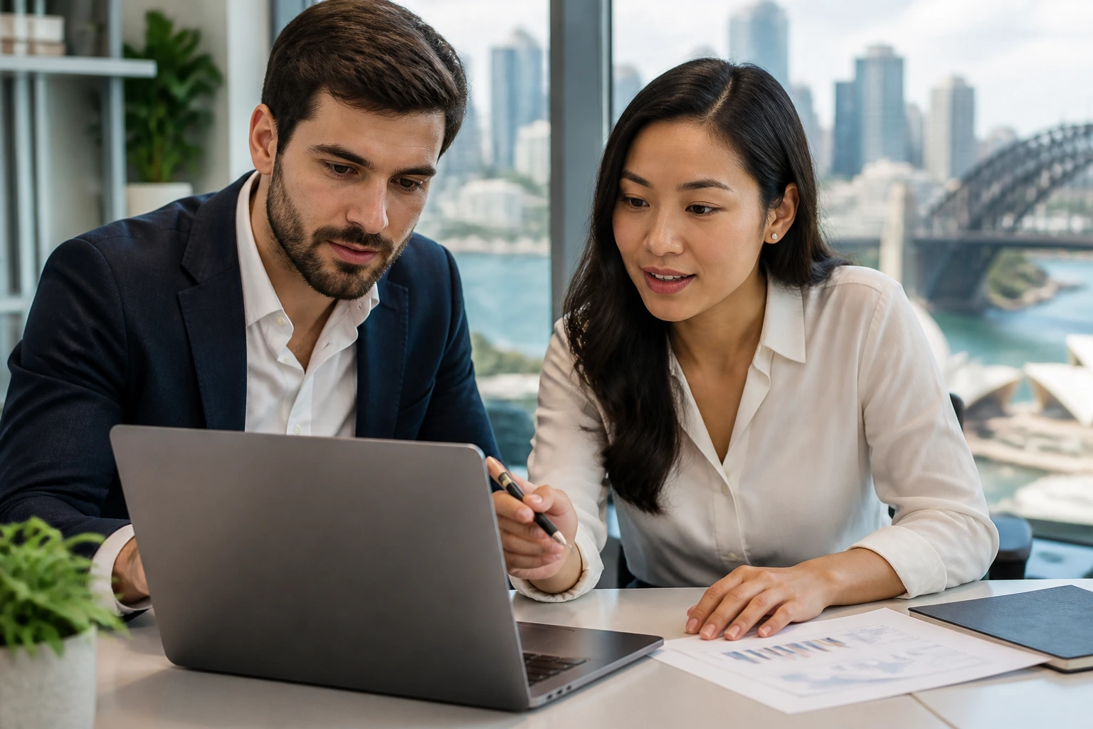 Couple in modern workspace illustrating partner work rights