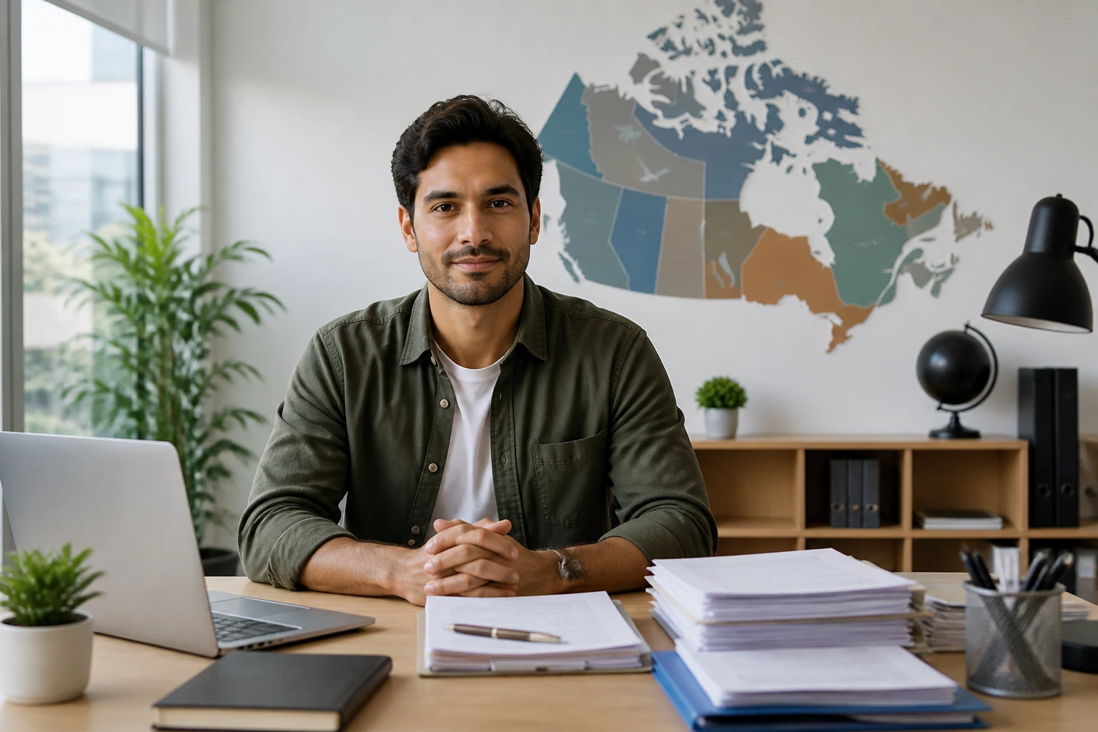 Portrait of a person in a Canada-themed office representing the PR pathway after landing