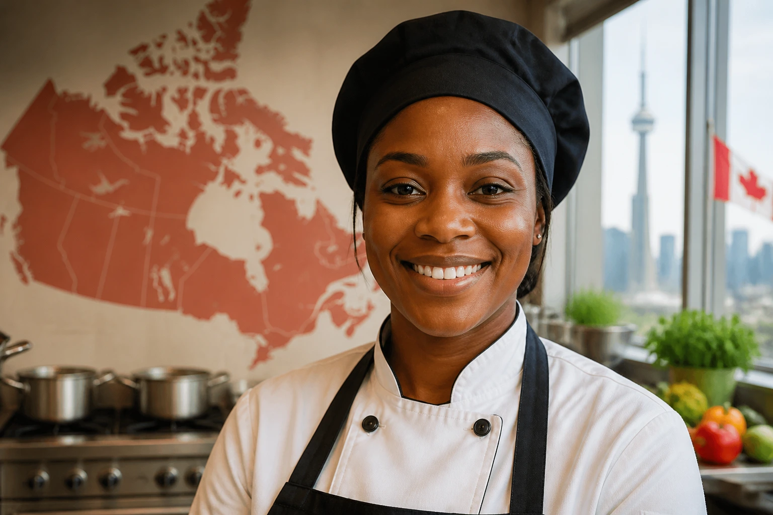 Portrait of an immigrant cook in a Canadian kitchen with a subtle Canada map mural