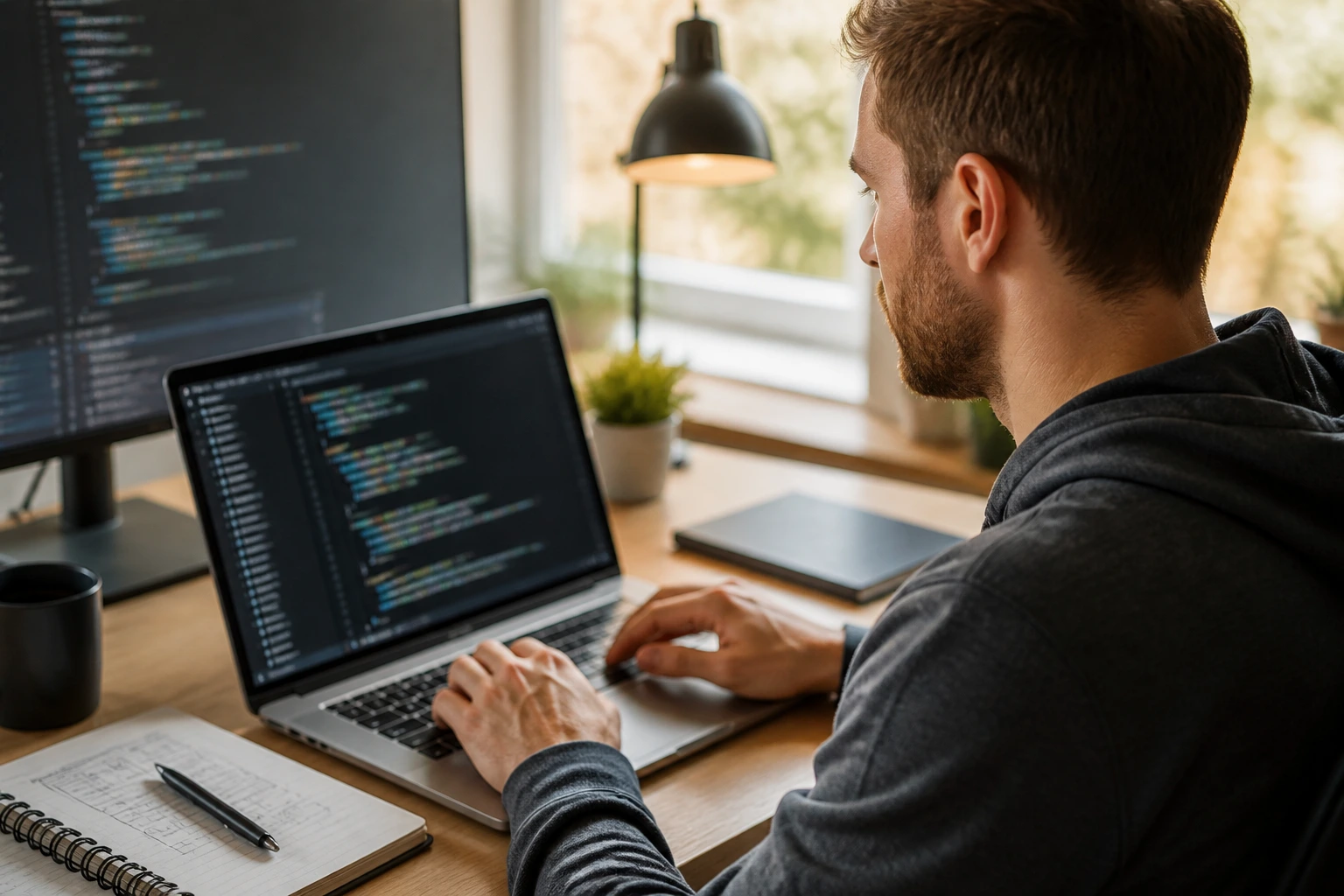Portrait of a software developer in office emphasizing portfolio and resume