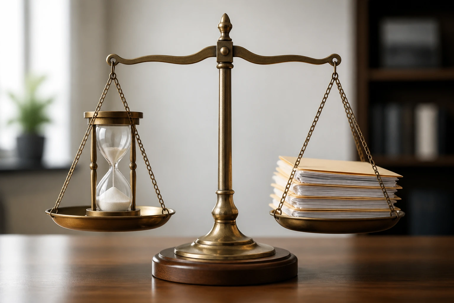 Close-up of a balanced two-pan scale on a desk