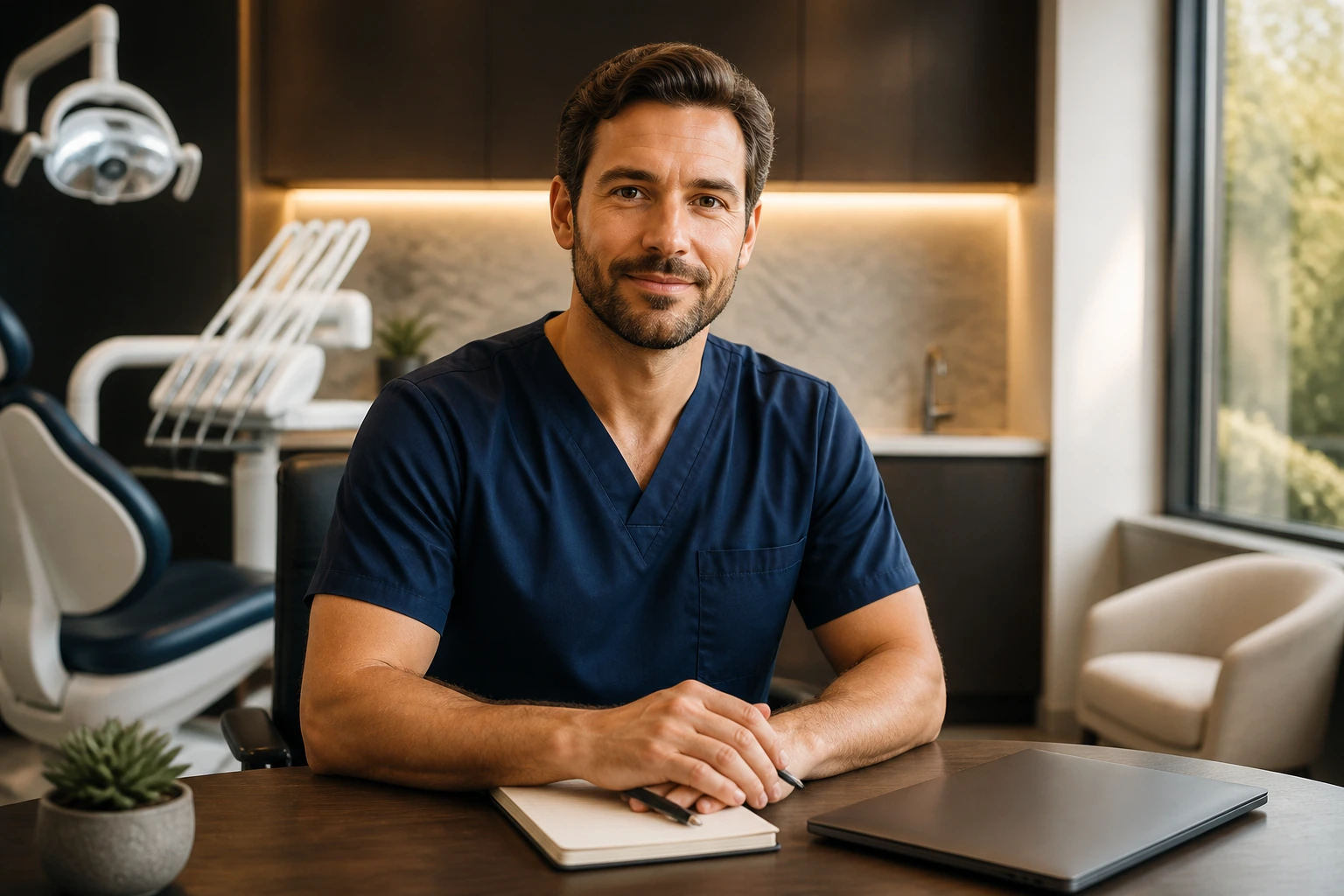 Private UK dentist portrait in a modern clinic illustrating earning potential.