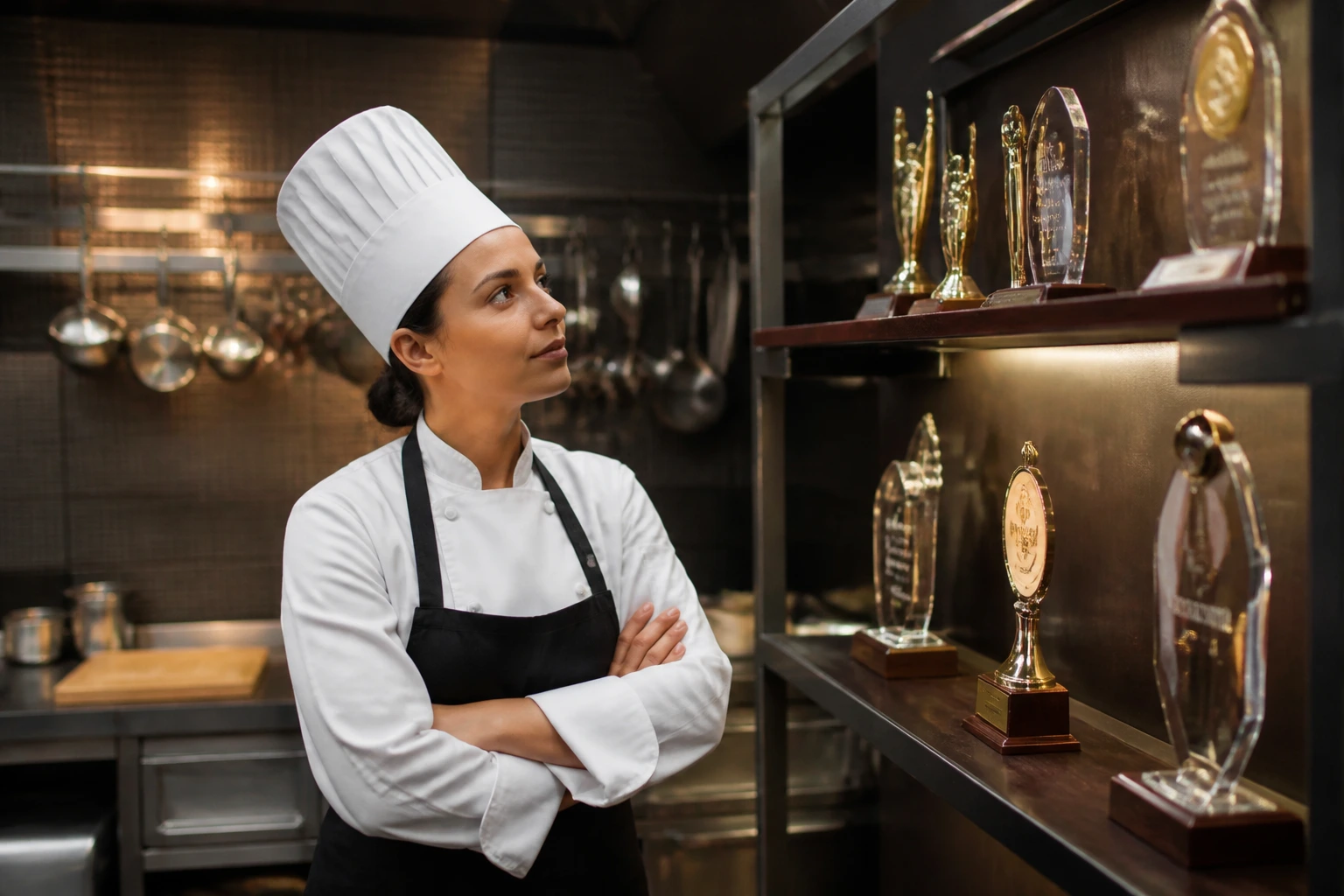 Chef in kitchen viewing trophies symbolizing professional development